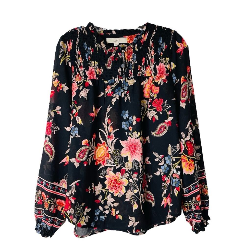 Loft black pink floral cottagecore boho ruffle chiffon top medium
